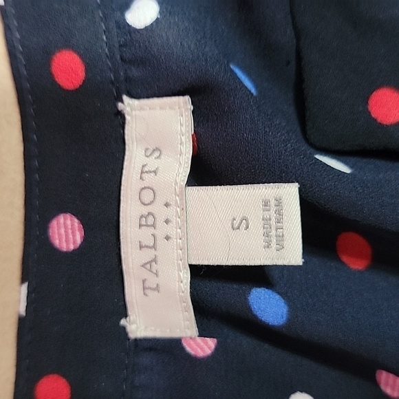 Talbots, Size S Navy Blue with Red, Pink, White and Blue Polkadot Blouse - Picture 10 of 12